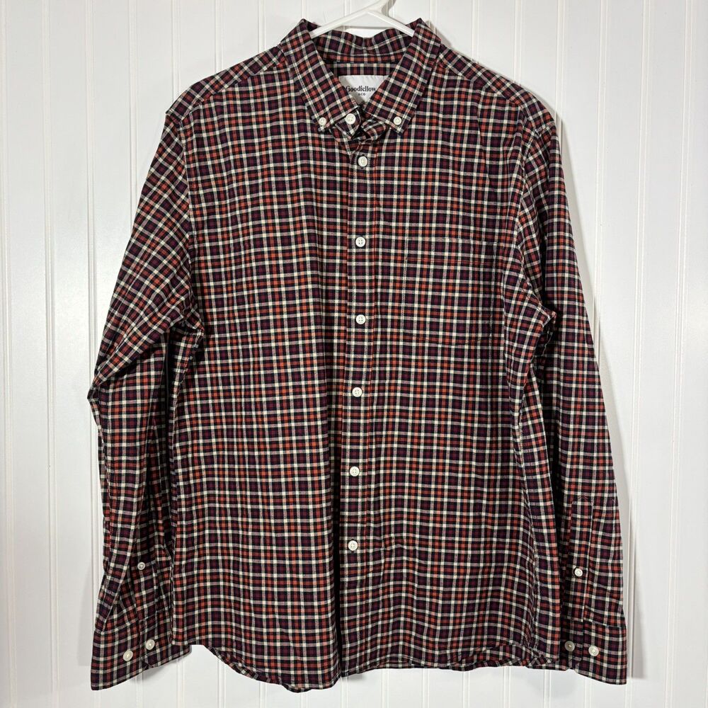 Goodfellow Plaid Poplin Button Up Shirt Mens Large Slim Red Blue Business Casual - Picture 1 of 11